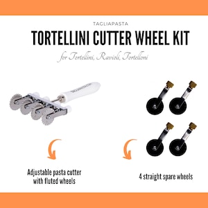 Adjustable pasta cutter with 4 stainless steel serrated wheels & ABS plastic handle + 4 smoothed spare wheels, cutting Ravioli, Tortellini