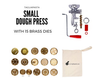 Liten degpress - pastaextruder + 15 mässingsformar för passatelli, spaghetti, maccheroni och mycket annan handgjord pasta + dammtät låda