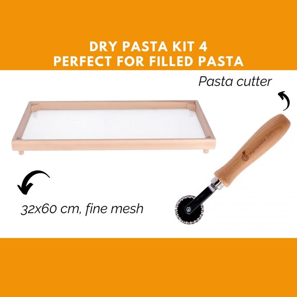 Kit Pasta: rotella tagliapasta con lama singola dentata + vassoio asciuga pasta, rettangolare, a maglia fine Dim. 32x60 cm / Prodotto in Italia