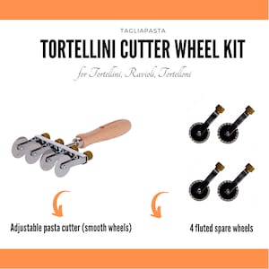 Adjustable pasta cutter with 4 stainless steel smooth wheels + 4 fluted spare wheels, cutting Ravioli, Tortellini, Pasta - Made in Italy