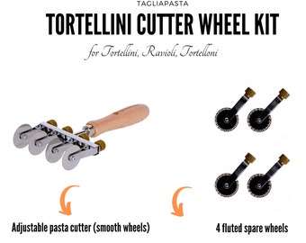 Verstellbarer Nudelschneider mit 4 glatten Edelstahlrädern + 4 geriffelten Ersatzrädern, zum Schneiden von Ravioli, Tortellini, Pasta - Made in Italy