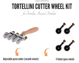 Adjustable pasta cutter with 4 stainless steel smooth wheels + 4 fluted spare wheels, cutting Ravioli, Tortellini, Pasta - Made in Italy
