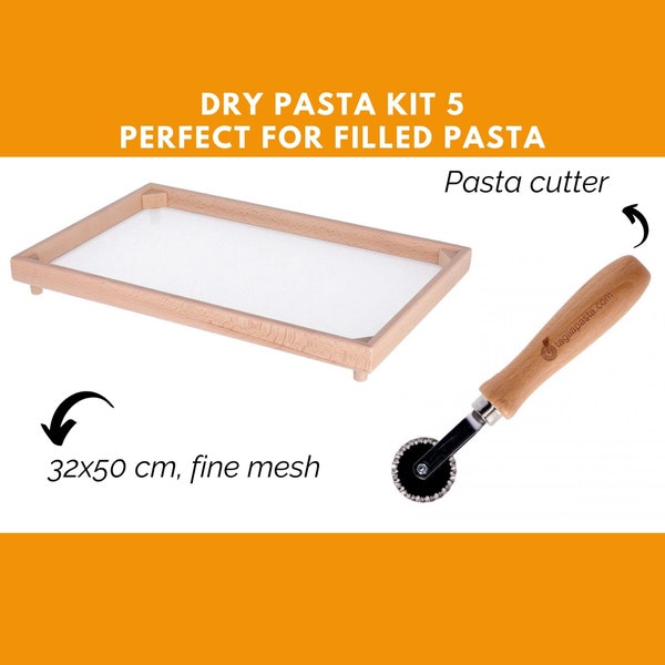 Kit Pasta: rotella tagliapasta con lama singola dentata + vassoio asciuga pasta, rettangolare, a maglia fine, Dim. 32x50 / Prodotto in Italia