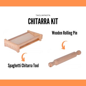 Chitarra Pasta Kit with Chitarra for Pasta + Rolling pin cm 32, for Cutting Spaghetti Chitarra (Abruzzo) & Tagliatelle. Dim. 46x22x9 cm