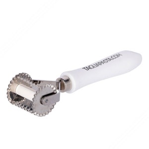May include: White pasta cutter with a white handle and the text "TAGLIAPASTA.COM" on the handle. The cutter has two sets of serrated wheels.