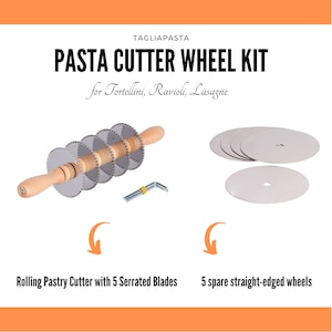 Professional Rolling Pasta Cutter with 5 Serrated Blades in stainless steel + 5 spare straight-edged for handmade pasta - Made in Italy