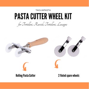 May include: A pasta cutter wheel kit with a wooden handle and two fluted spare wheels. The kit is used for making tortellini, ravioli, tortelloni, and lasagna.
