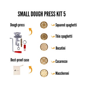 Small DOUGH PRESS-PASTA Extruder + 5 Brass-dies for Maccheroni, bucatini, thin spaghetti, spaghetti chitarra, casarecce + Dust-proof case
