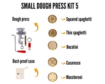 Small DOUGH PRESS-PASTA Extruder + 5 Brass-dies for Maccheroni, bucatini, thin spaghetti, spaghetti chitarra, casarecce + Dust-proof case