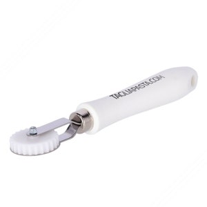 May include: White pasta cutter with a white handle and a silver metal blade. The handle has the text "TAGLIAPASTA.COM" printed on it.