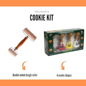 Cookie kit: box with 4 cookie cutters (star, heart, sun, flower shapes) + double ended dough roller for pastry & pizza, length 70 - 110 mm