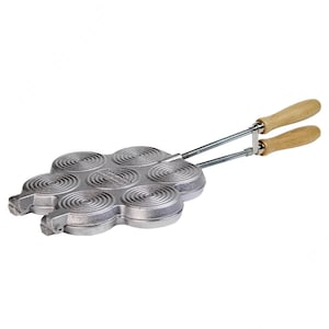 May include: A silver cast iron waffle maker with six round waffle moulds and wooden handles. The waffle maker is designed to make small, round waffles.
