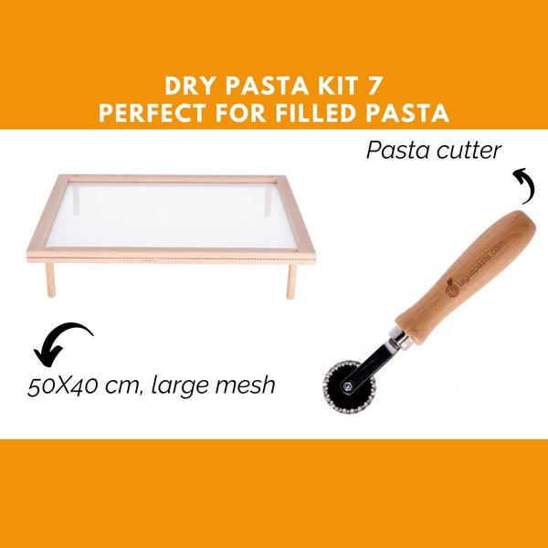 Pasta Kit: pasta cutter wheel with single toothed blade + pasta drying tray, rectangular, with large mesh, Dim. 50x40 | Made in Italy