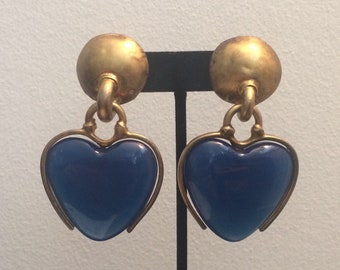 Brass and Blue Glass Heart Earrings