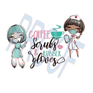 Nurse coffee, scrubs, rubber gloves