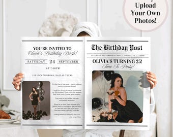 25. Geburtstag Zeitungseinladung: Bearbeitbare Canva Vorlage (Digitaler Download)