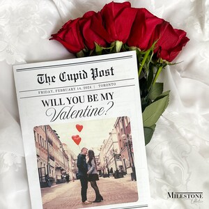 Plantilla de periódico personalizada para el día de San Valentín / Periódico de San Valentín, regalo personal "¿Quieres ser mi Valentín?", impresión de periódico Canva, carta de amor