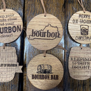 Wooden Bourbon Themed Ornaments set of 6 / bourbon lover gift / housewarming gift