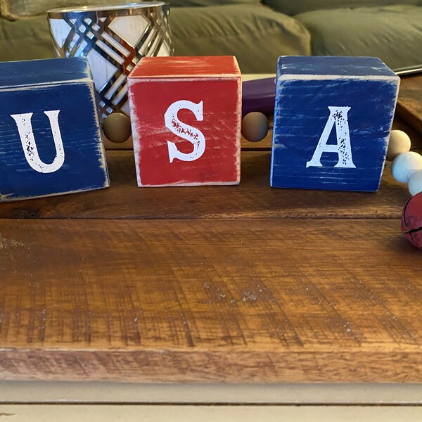 USA Wood Blocks - Red, White & Blue - Patriotic Décor - 4th of July - Chalk Couture – Rustic Bells – Wood Beads - Distressed