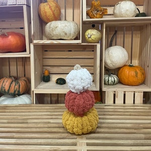 Può includere: Una pila di tre zucche all'uncinetto in bianco, rosa e giallo. Le zucche sono disposte a forma di piramide e sono appoggiate su una superficie di legno. Ci sono diverse zucche e zucche vere sullo sfondo.