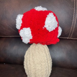 May include: A crocheted mushroom toy with a red cap and white spots, and a beige stem.