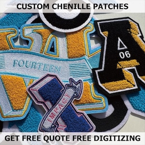 May include: A collection of custom chenille patches in various colors and designs. The patches feature letters, numbers, and words like "Fourteen" and "Impact".