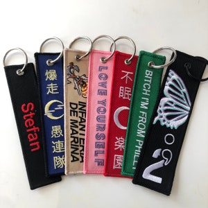 Wholesale Bulk Embroidered Keychains, Custom Flight Tags, Free Shipping, Fast Turnaround Time, Free Samples Before Production.