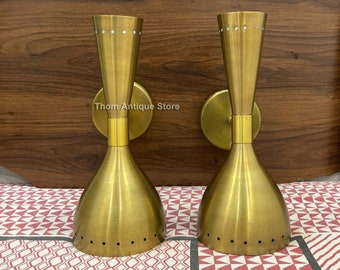 1950's Mid Century Brass Italian Diabolo Wall Sconce Light Fixture 2 Bulb Pair