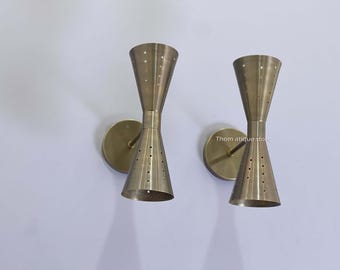1950's Mid Century Raw Brass Italian Double Cone Wall Sconce Lights Fixture 2 Bulb Pairs