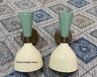 1950's Mid Century Brass Italian Diabolo Wall Sconce Green & White Lights Fixture 2 Bulb Pairs