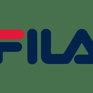May include: The Fila logo is a stylized wordmark in navy blue with a red bar above the first letter. The logo is a popular brand in the sports and fashion industry.