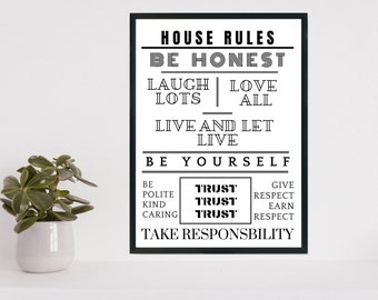 House Rules Monochrome Print | Printable Wall Art | Digital Download