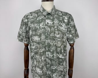 Columbia Button Up Shirt Mens L Green Print Fishing Outdoor Short Sleeve