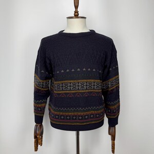Vintage Canadese gebreide trui voor heren, maat 40 M, Fair Isle Scandinavisch patroon, acryl.