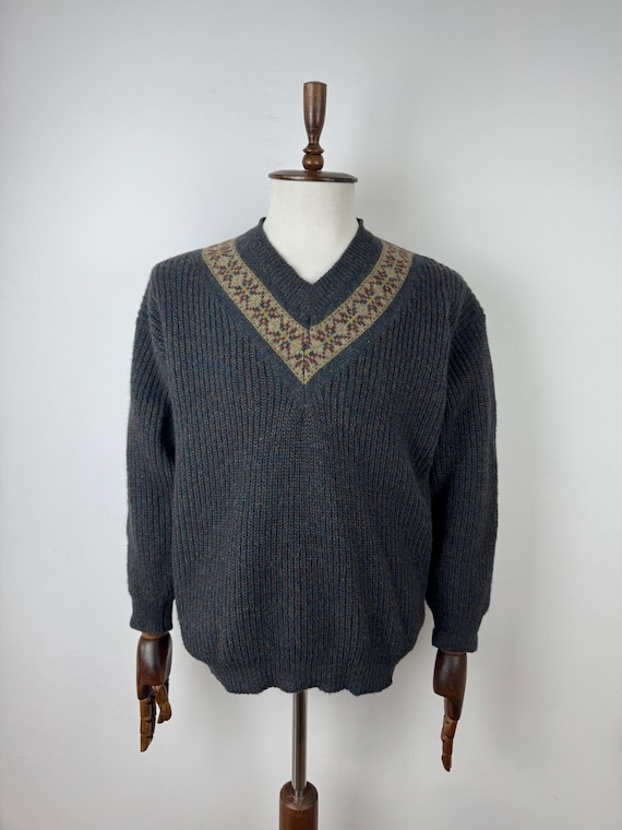 Pull vintage Burton en laine à col en V pour homme, style rétro