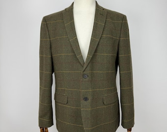 Racing Green Blazer Herren 44R EU54 Grün karierter Woll-Tweed Sportmantel Taillierte Passform