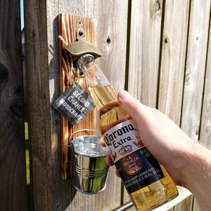 Wall mounted bottle opener, barware, outdoor decor, garden bar, BBQ gift, August birthday gift, man cave, fence decoration, hot tub sign