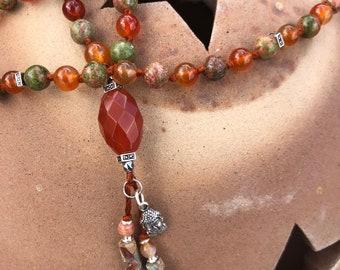 108 Mala Prayer Beads (Hand Knotted) 8mm Unakite and Carnelian Beads w/ Buddha Charm Tassel and Faceted Carnelian Guru Bead