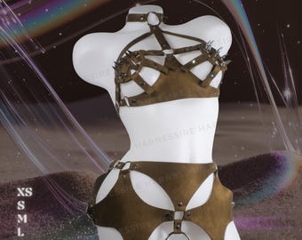 May include: A brown leather harness set displayed on a mannequin. The set includes a choker, a chest piece with metal studs, and a waist piece with a large metal ring. The brand name "HARNESSIRE" is visible at the top. Sizes XS to 2XL are listed on the left.