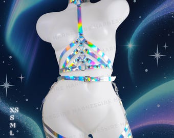 Traje holográfico para festival para mujer / Top rave holográfico • Arnés reflectante para piernas