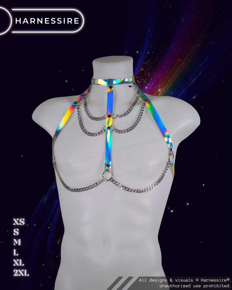 Genderless holographic harness displayed on a male mannequin with reflective rainbow tones and adjustable straps.