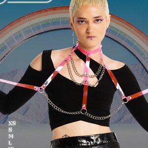 May include: A pink and silver harness with chain accents is worn over a black top. The harness has a choker and straps that connect to a chain that drapes across the chest. The brand name "HARNESSIRE" is at the top of the image. Sizes XS to 2XL are listed.