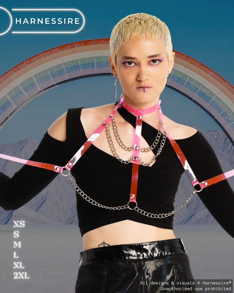 May include: A pink and silver harness with chain accents is worn over a black top. The harness has a choker and straps that connect to a chain that drapes across the chest. The brand name "HARNESSIRE" is at the top of the image. Sizes XS to 2XL are listed.