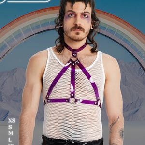 May include: A purple harness with a white floral pattern, worn over a white mesh tank top. The image includes the text "HARNESSIRE" and size options: XS, S, M, L, XL, and 2XL. A rainbow is in the background.