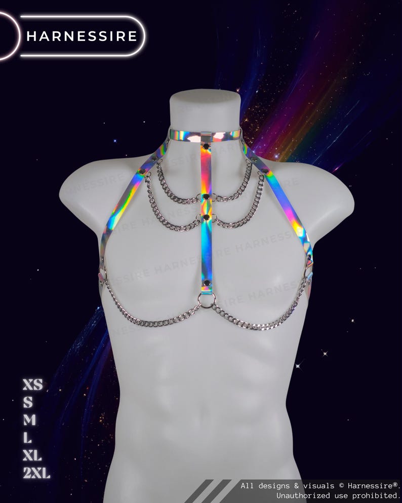 Genderless holographic harness displayed on a male mannequin with reflective rainbow tones and adjustable straps.