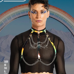 May include: A holographic harness with silver chain accents. The harness has a choker-style collar and a series of chains that drape down the chest. The model is wearing a black mesh top. The brand name "HARNESSIRE" is visible.