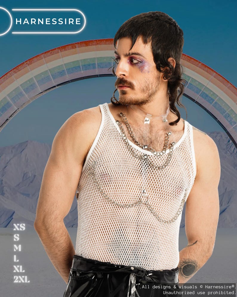 May include: White mesh tank top with silver chain detailing. The image features a person with a rainbow in the background. The brand name "HARNESSIRE" is visible at the top. Sizes XS to 2XL are listed on the left side.