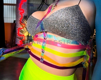 Rainbow PVC Harness Belt Woman | Holographic Harness • Holographic Belt • Halloween Costume • Burning Man Holographic Harness • Gift for Her