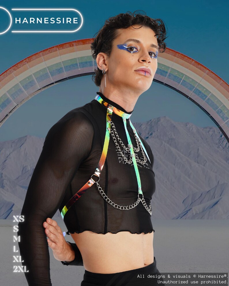 May include: A black mesh top with a rainbow harness and silver chain detail. The image includes the text "HARNESSIRE" and size options: XS, S, M, L, XL, and 2XL. A rainbow and mountain range are in the background.