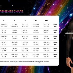 May include: A measurements chart for harnesses, with sizes from XS to XXL, in inches and centimeters. The chart includes measurements for neck, chest, underbust, waist, hip, and thigh. A person is wearing a harness.